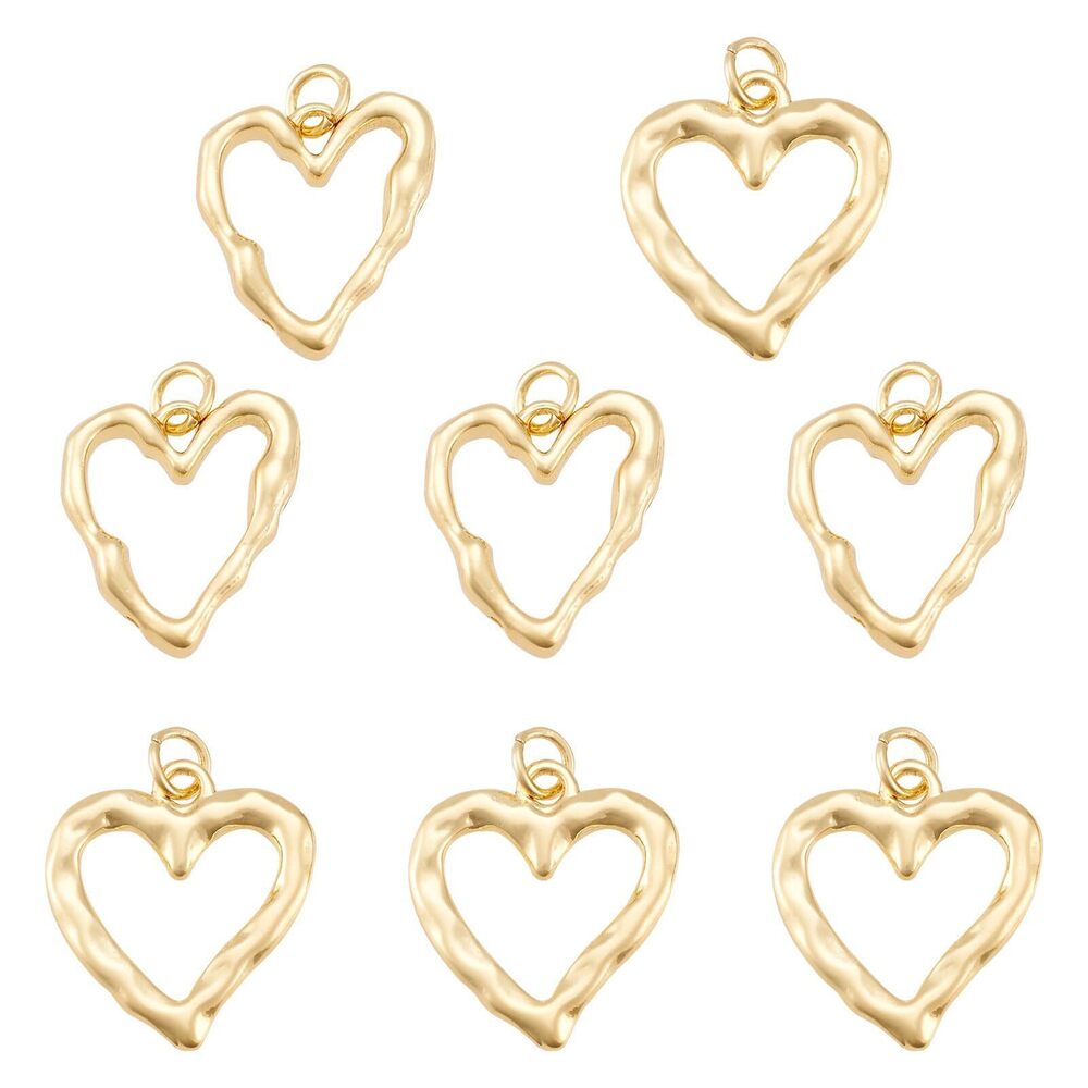 3289 Pandahall 8Pcs Hollow Heart Charms 18K Gold Plated Brass Dangle